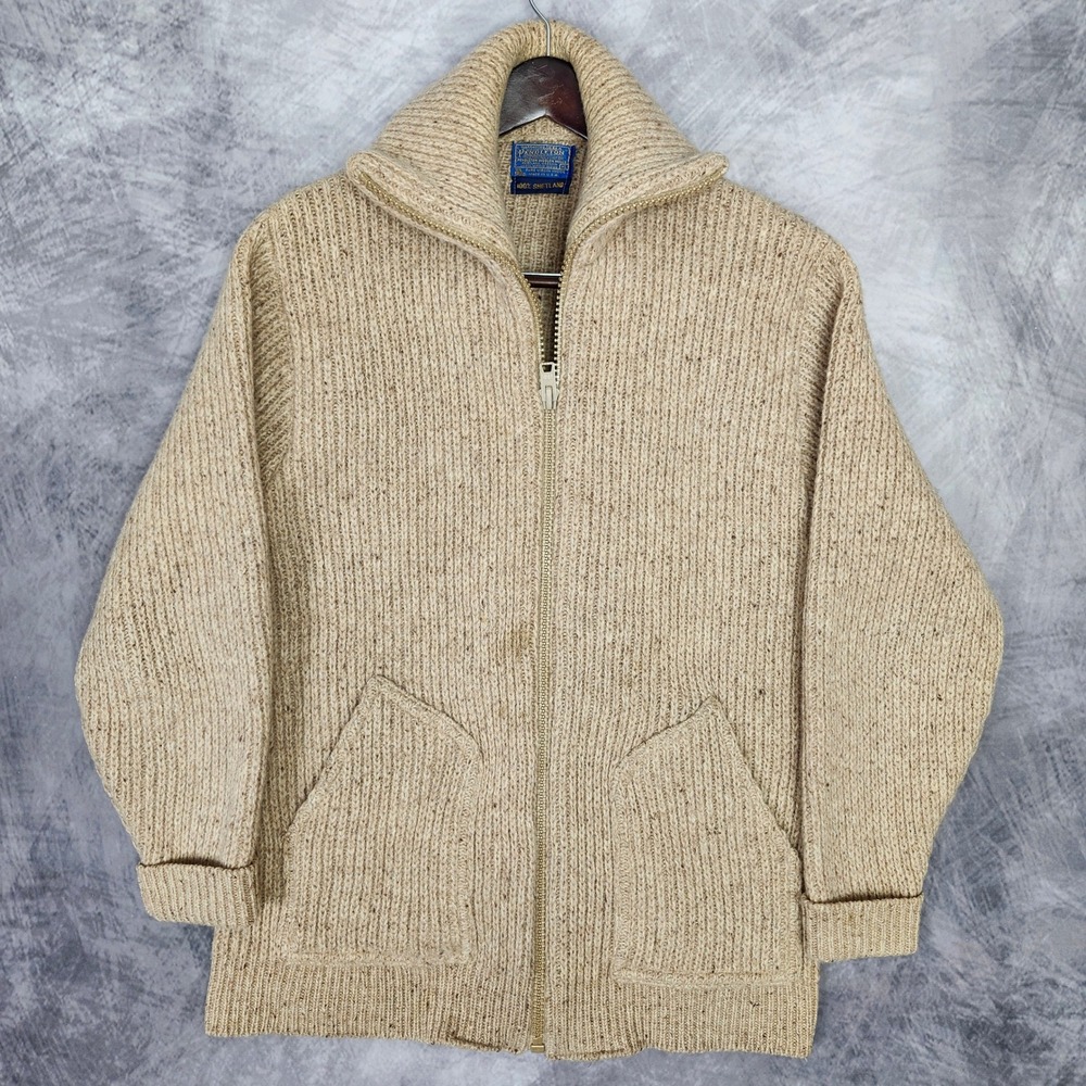 Vintage 70s Pendleton 100% Shetland Wool Shawl Collar Full Zip Sweater XL USA